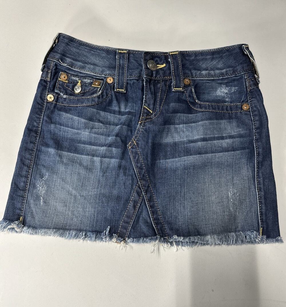 True Religion Skirt Adult 24 Blue Denim Jean Cut Off Unlined Distressed Womens